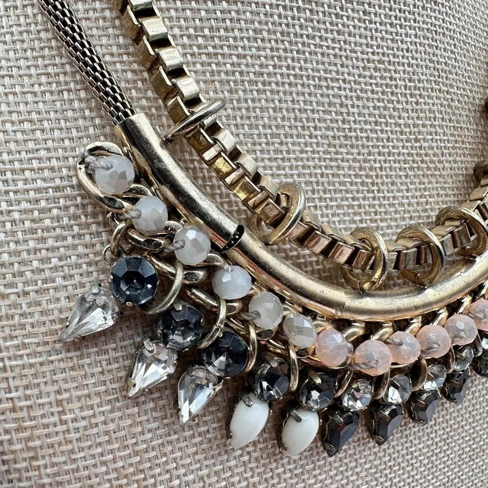 Vintage 90s Express Gold Tone Rhinestone Bib Necklace Statement‎ Fashion Jewelry